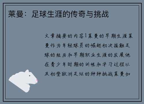 莱曼：足球生涯的传奇与挑战
